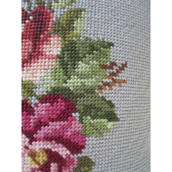 Vintage Floral Needlepoint Throw Pillow Gray Green Velvet Back Handcrafted GUC - Picture 11 of 16